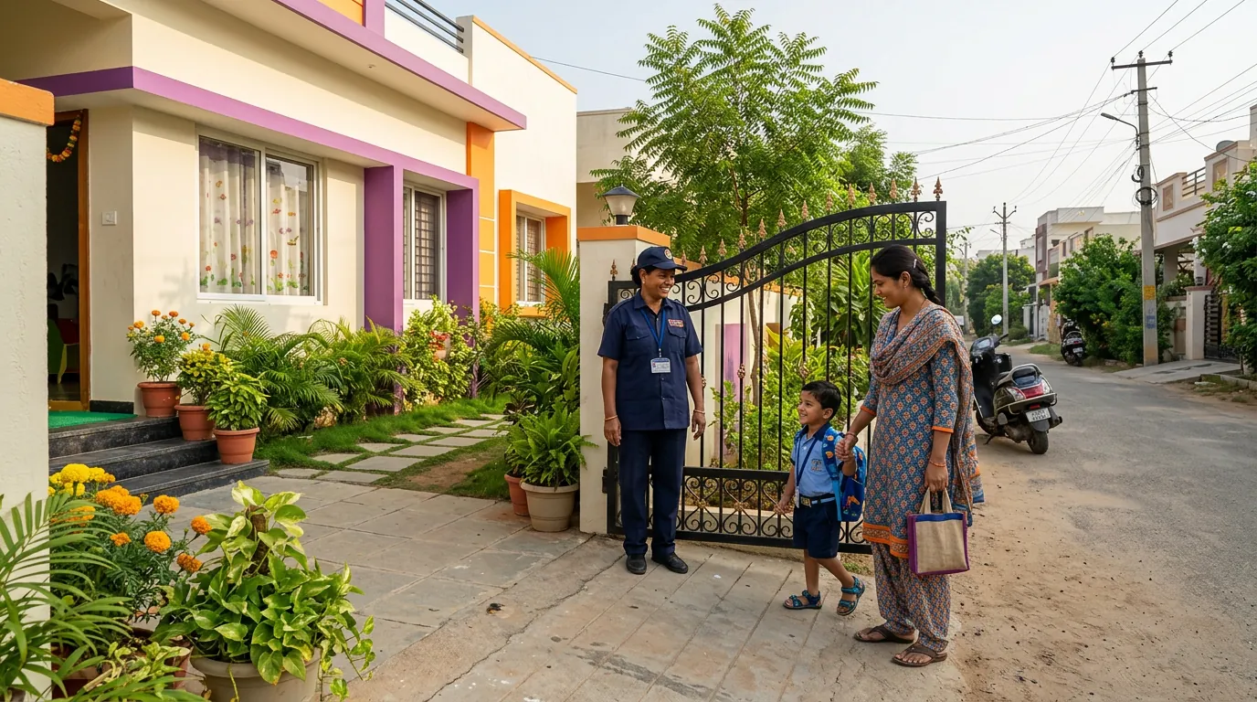 School entrance with the watchwoman greeting a parent