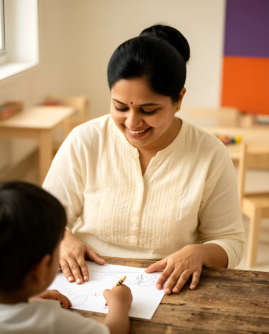 Founder Vijaya Laxmi guiding a child as she draws a sun
