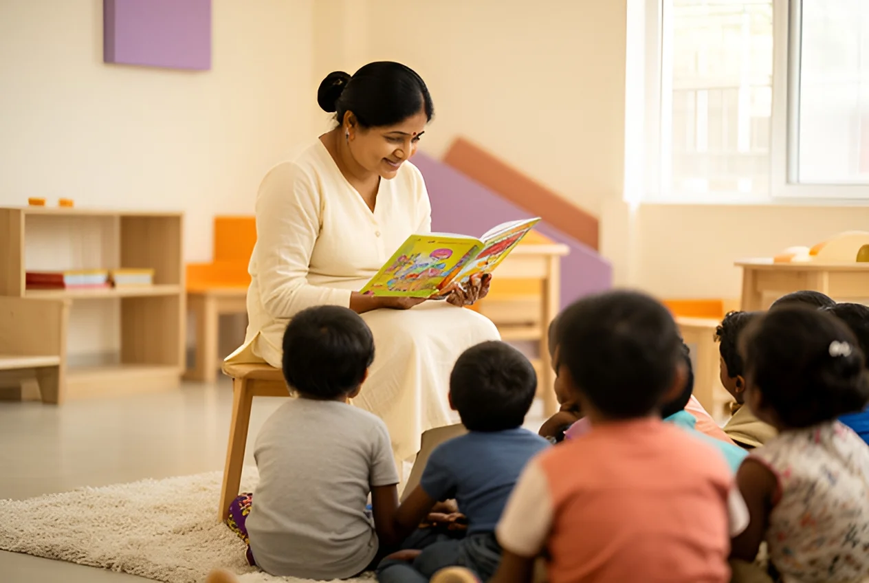 Founder Vijaya Laxmi reading a picture book to children