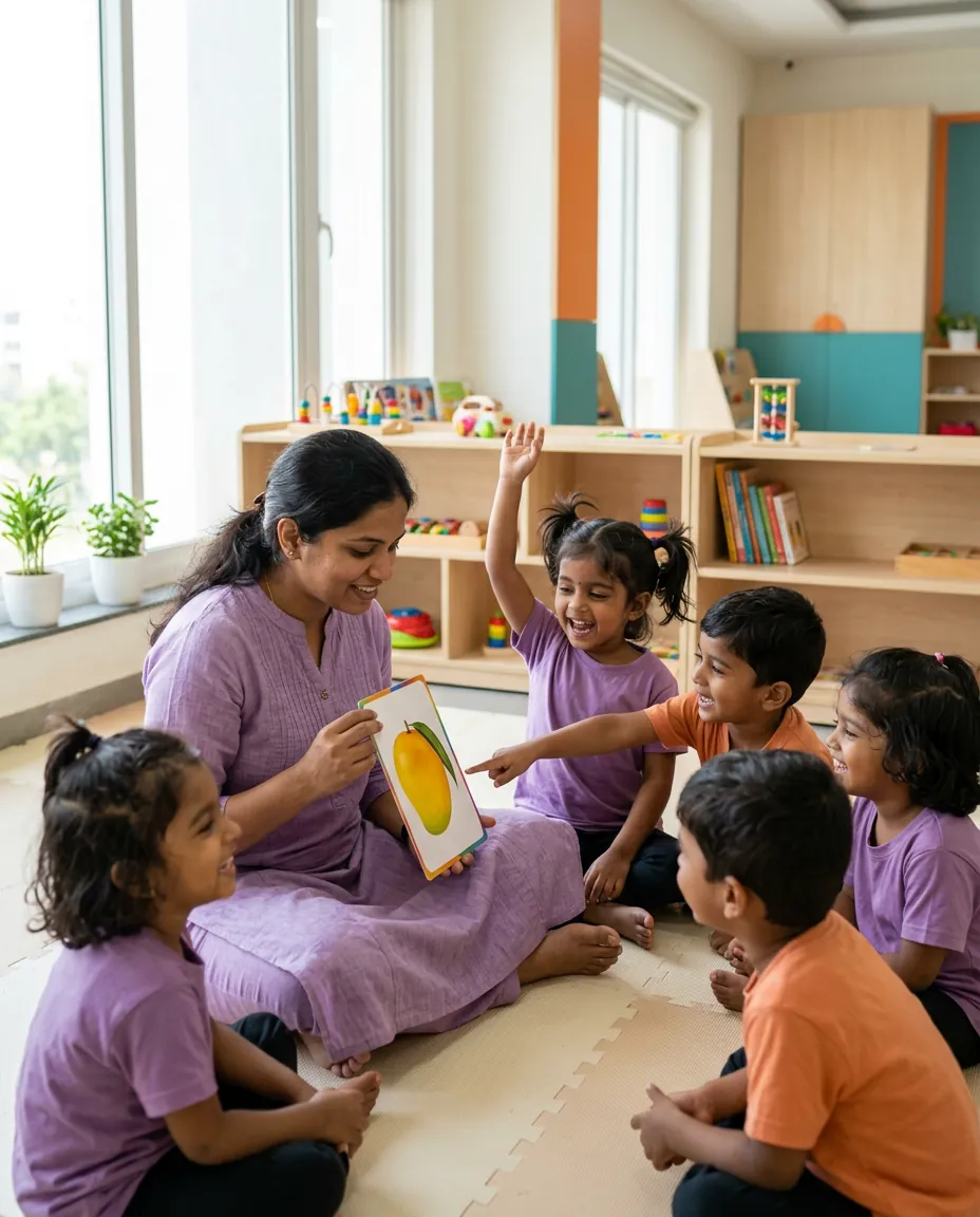 Teacher showing a picture card to laughing children during circle time