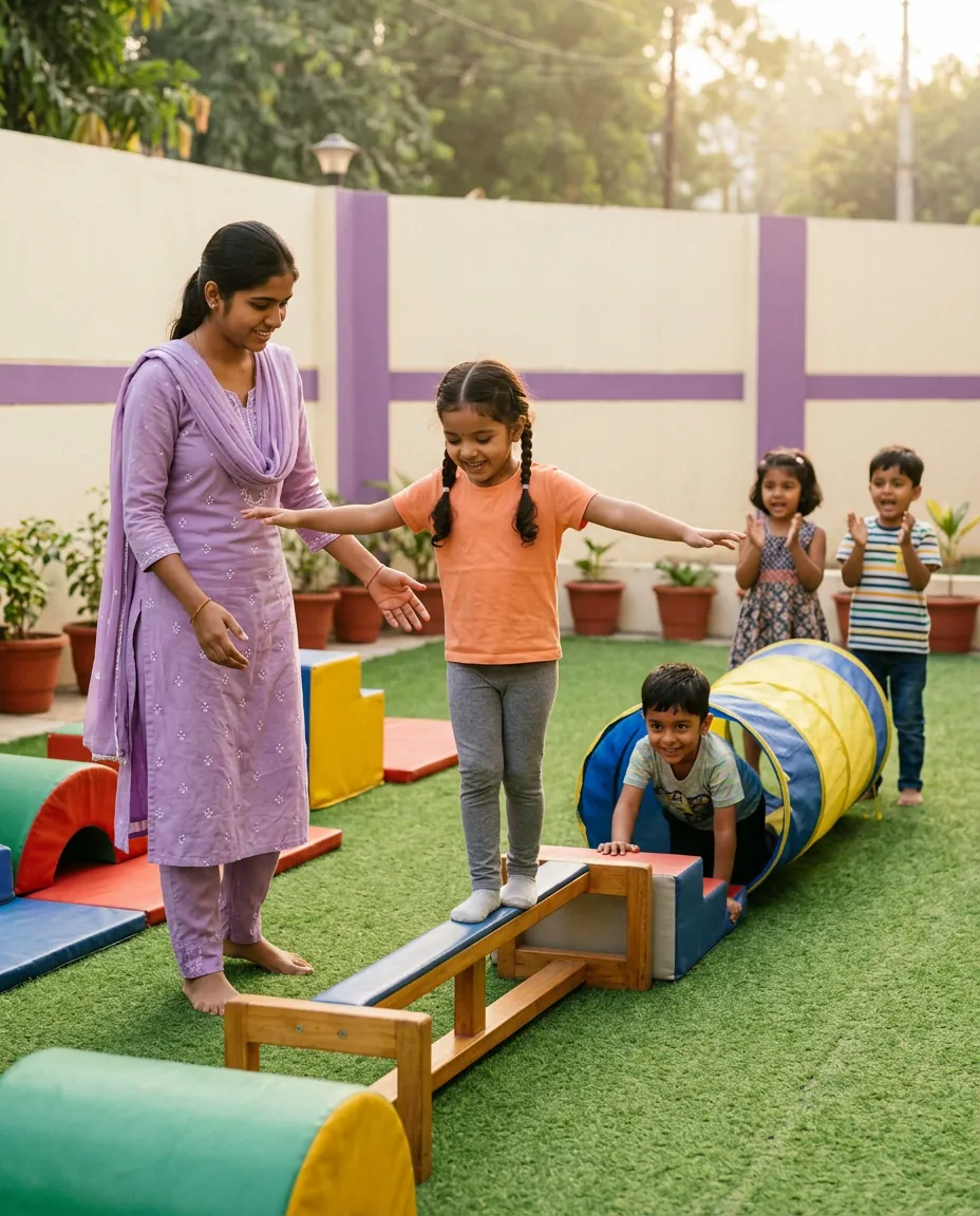 Children on the obstacle course in the green play area