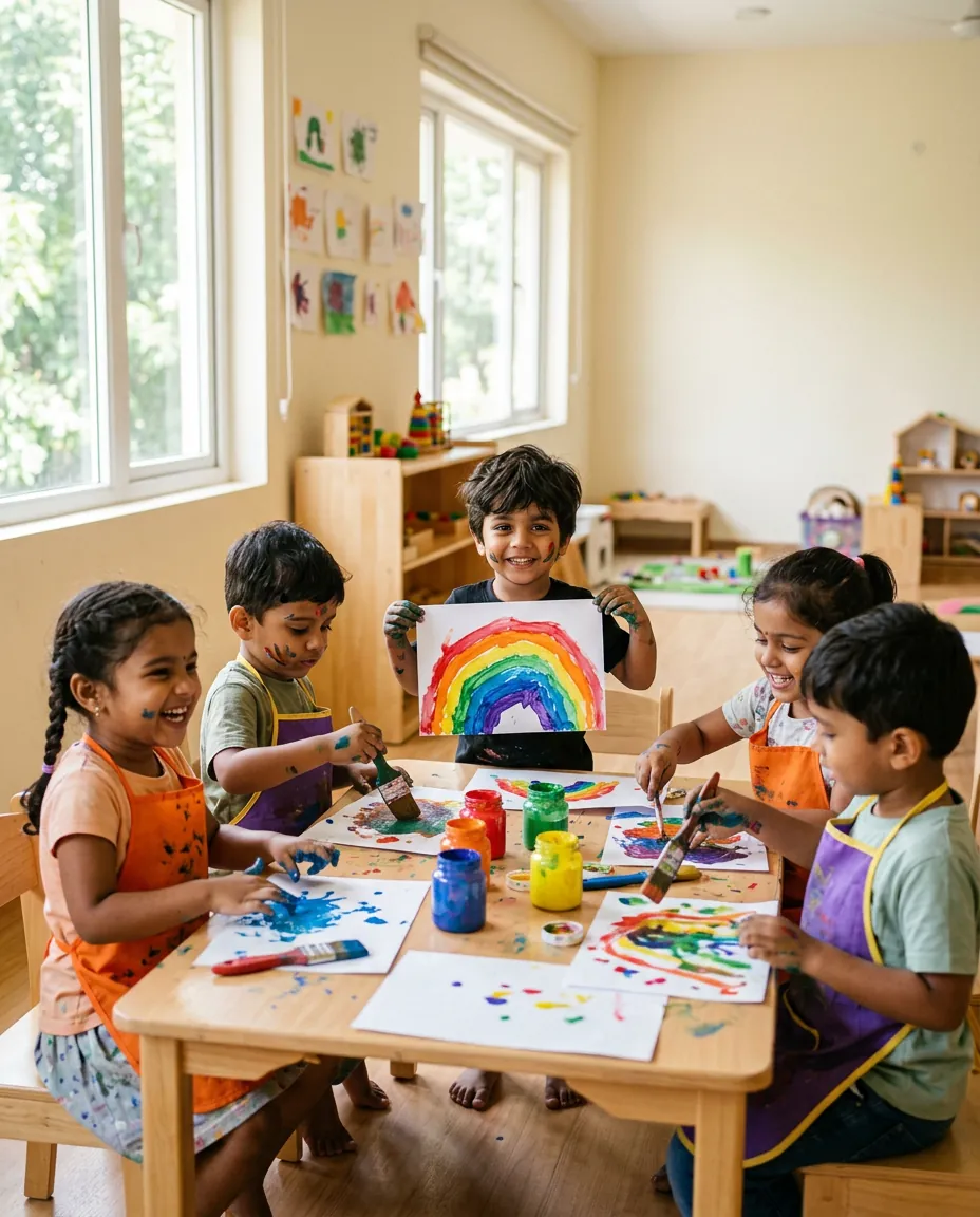 Children painting rainbows together at a table