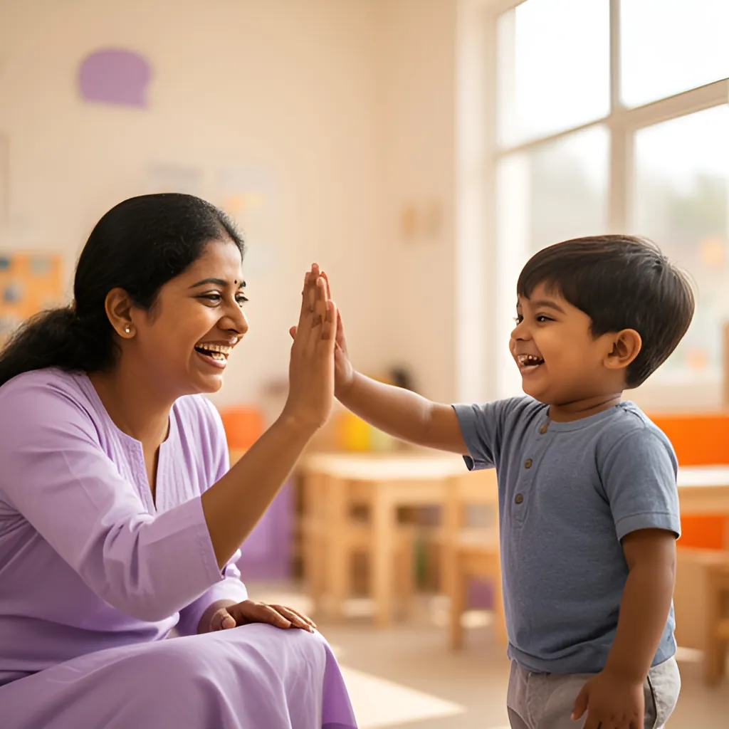 Teacher giving a high-five to a smiling child