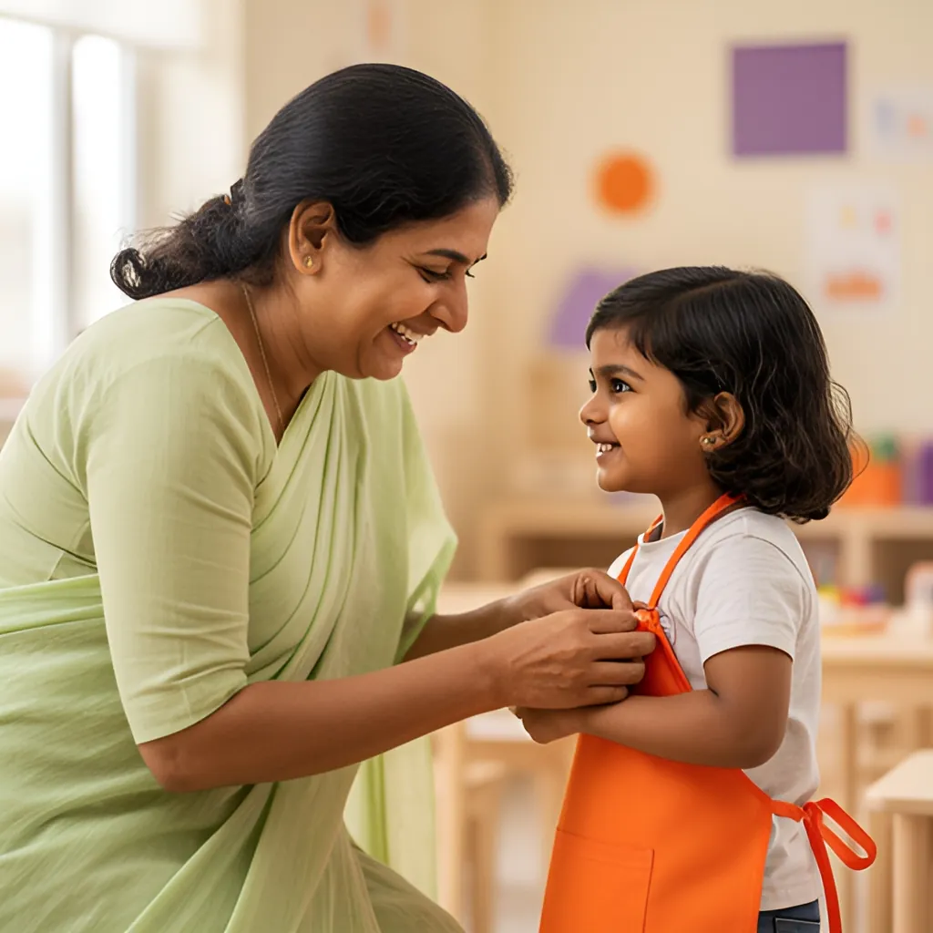 Caregiver helping a child put on an art apron